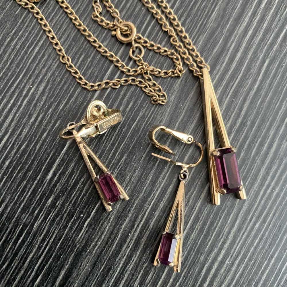 Avon Gold-Tone Necklace and Clip-On Earrings with Purple Stones